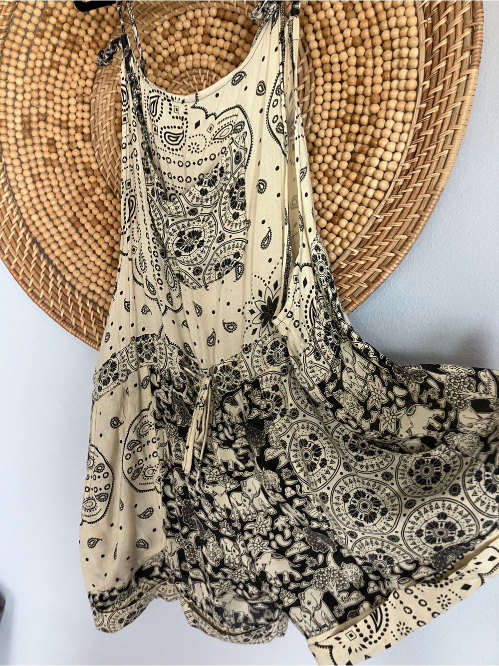 Boho Bandana Print tie-waist overall shorts.
